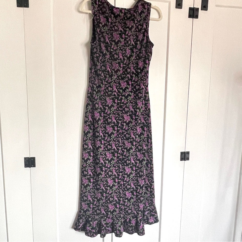 Connected Apparel Size 12 Blue Floral Midi Dress Deep V Ruffle Slit Feminine - Picture 12 of 15